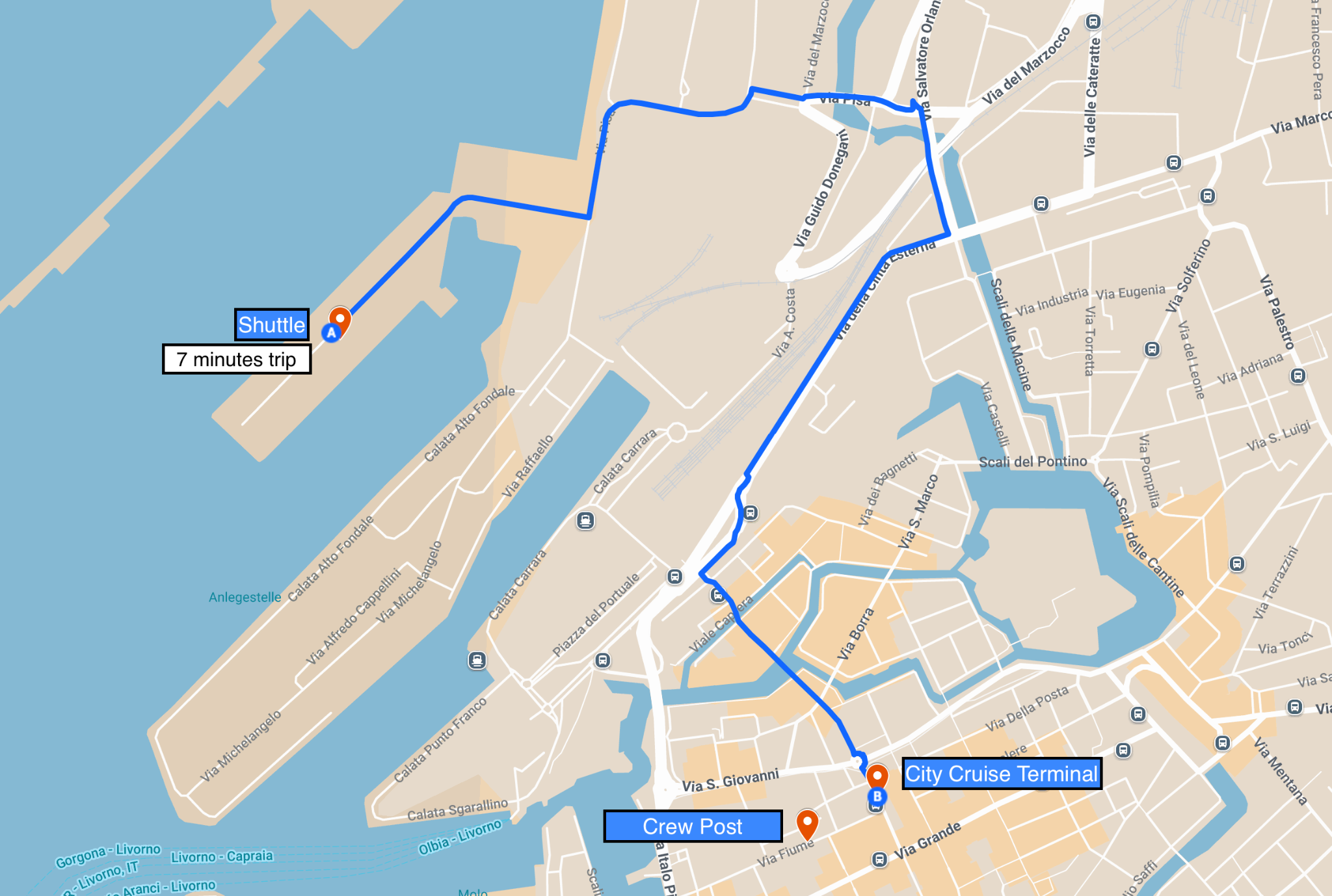 Crew shuttle arrival Piazza del Municipio Livorno map